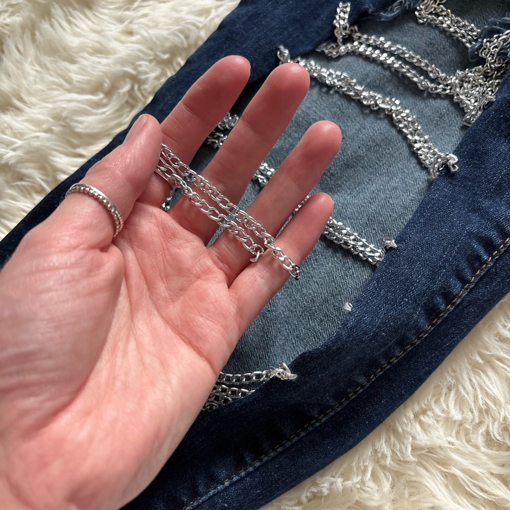 SHEIN Dark Blue Distressed Skinny Jeans With Chains - Picture 10 of 12